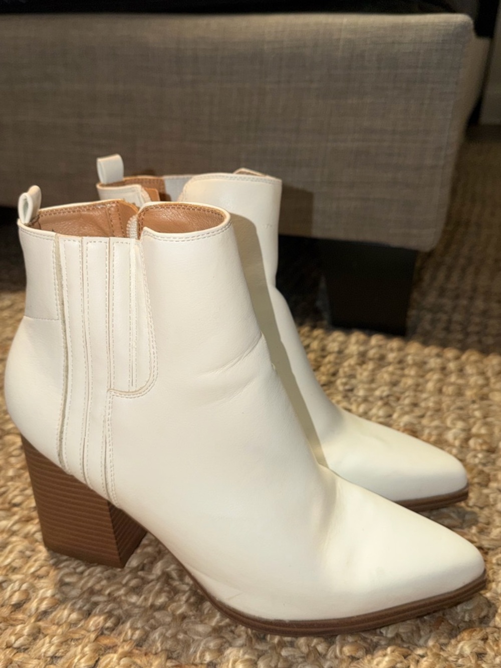 White Leather Block Heel Ankle Boots